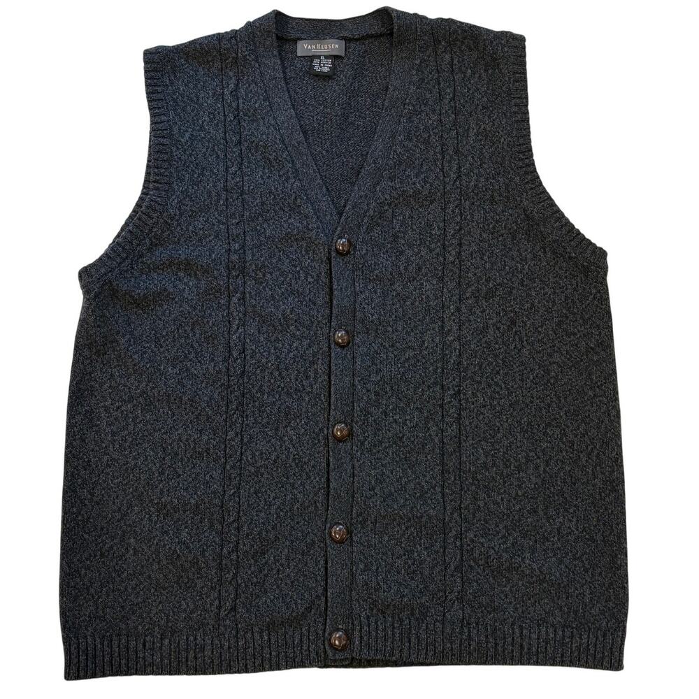 Van Heusen Cardigan Sweater Vest Men XL Gray Knit Button Front Grandpa Professor
